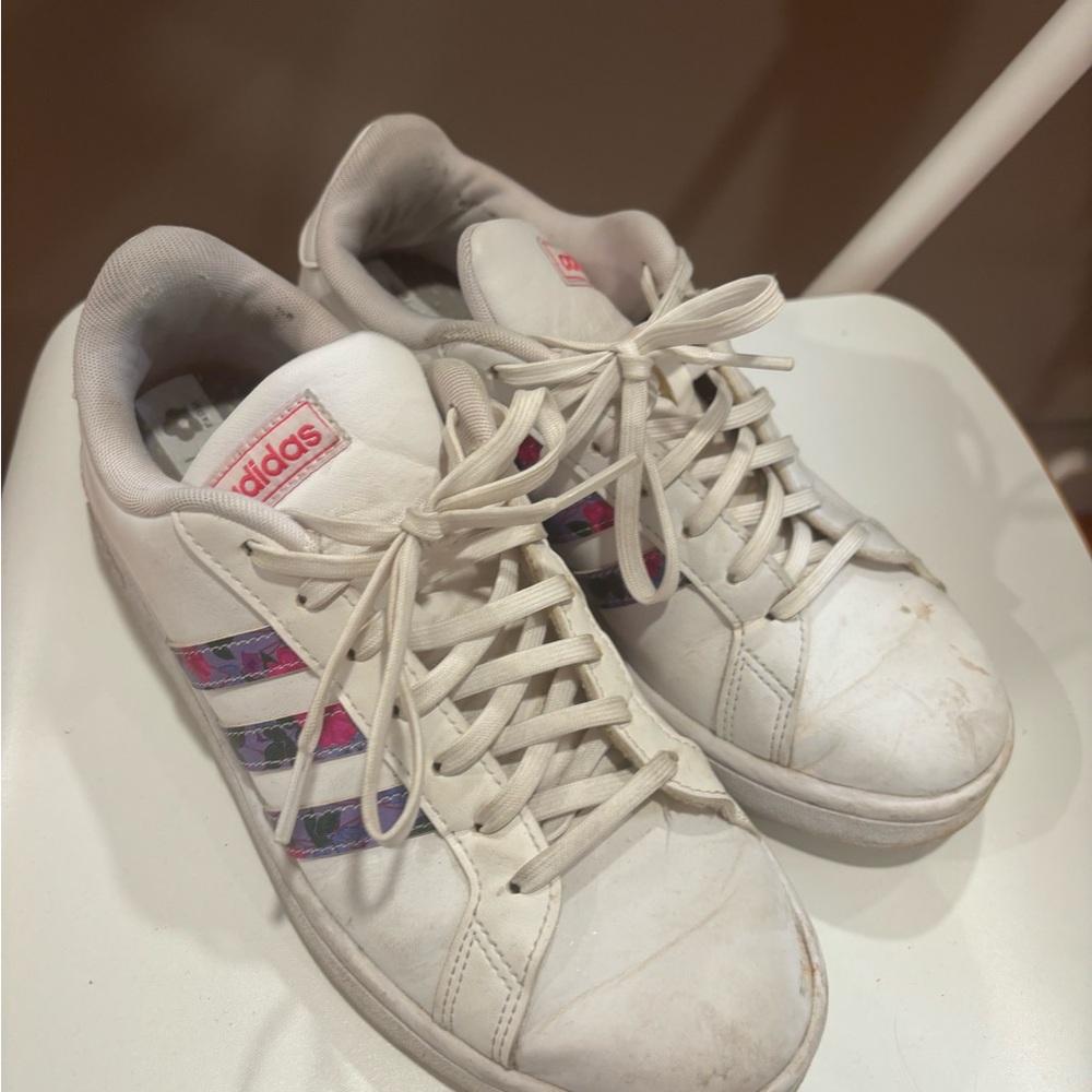 Adidas White Sneakers with Pink and Multicolor Stripes